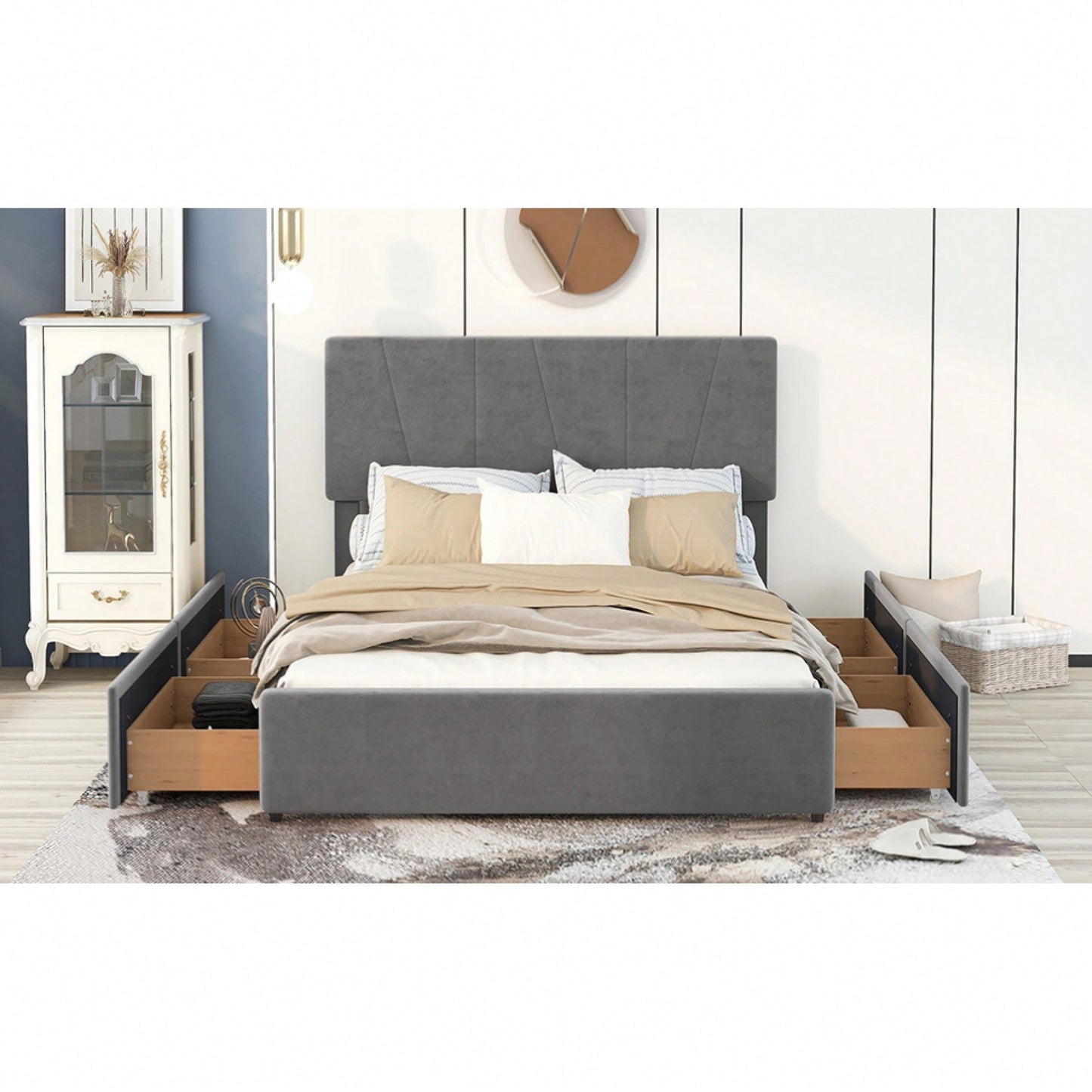 Stylish Grey Queen Size Upholstered Platform Bed With Dual Storage Drawers And Adjustable Headboard