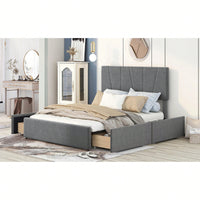 Stylish Grey Queen Size Upholstered Platform Bed With Dual Storage Drawers And Adjustable Headboard