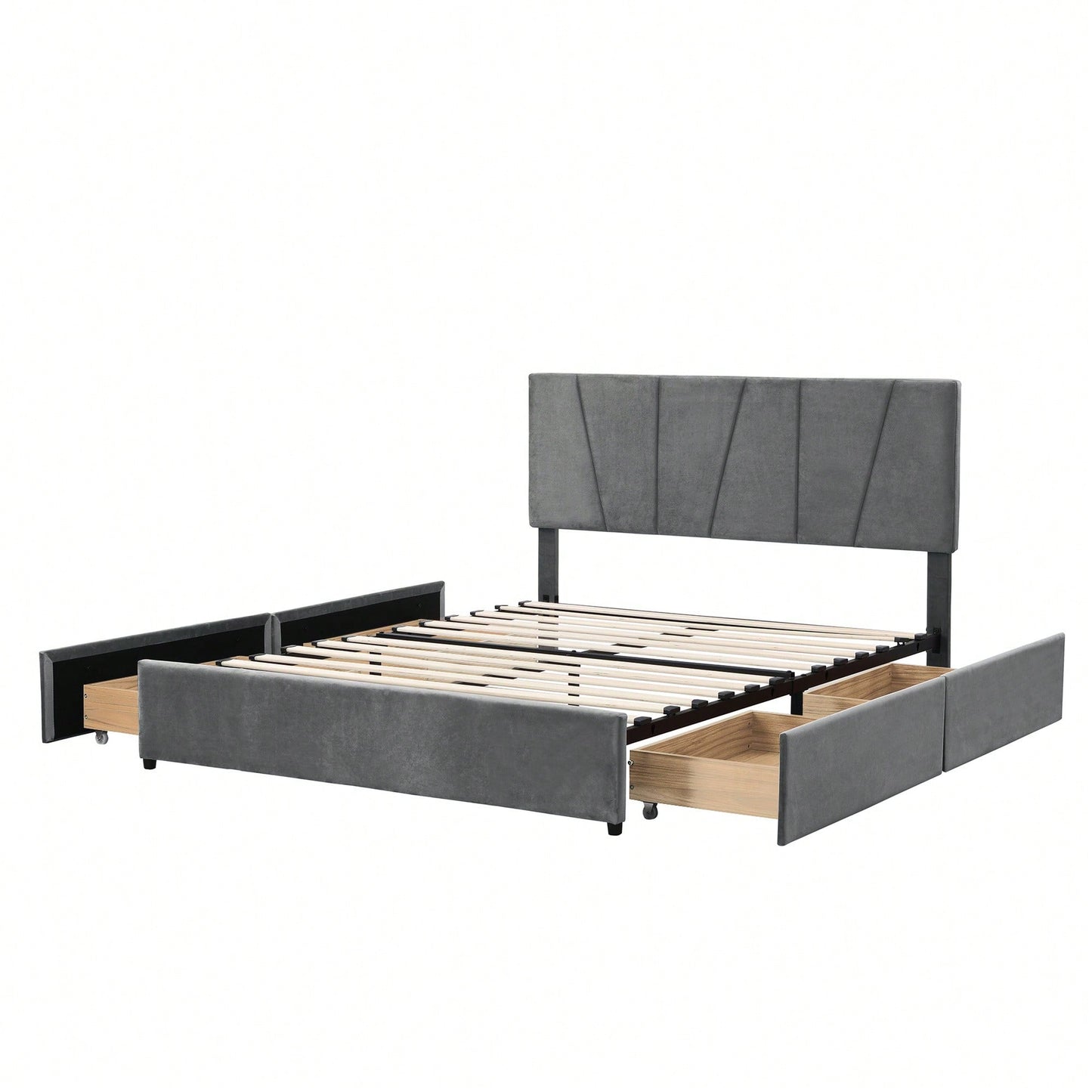 Stylish Grey Queen Size Upholstered Platform Bed With Dual Storage Drawers And Adjustable Headboard