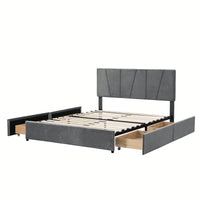 Stylish Grey Queen Size Upholstered Platform Bed With Dual Storage Drawers And Adjustable Headboard