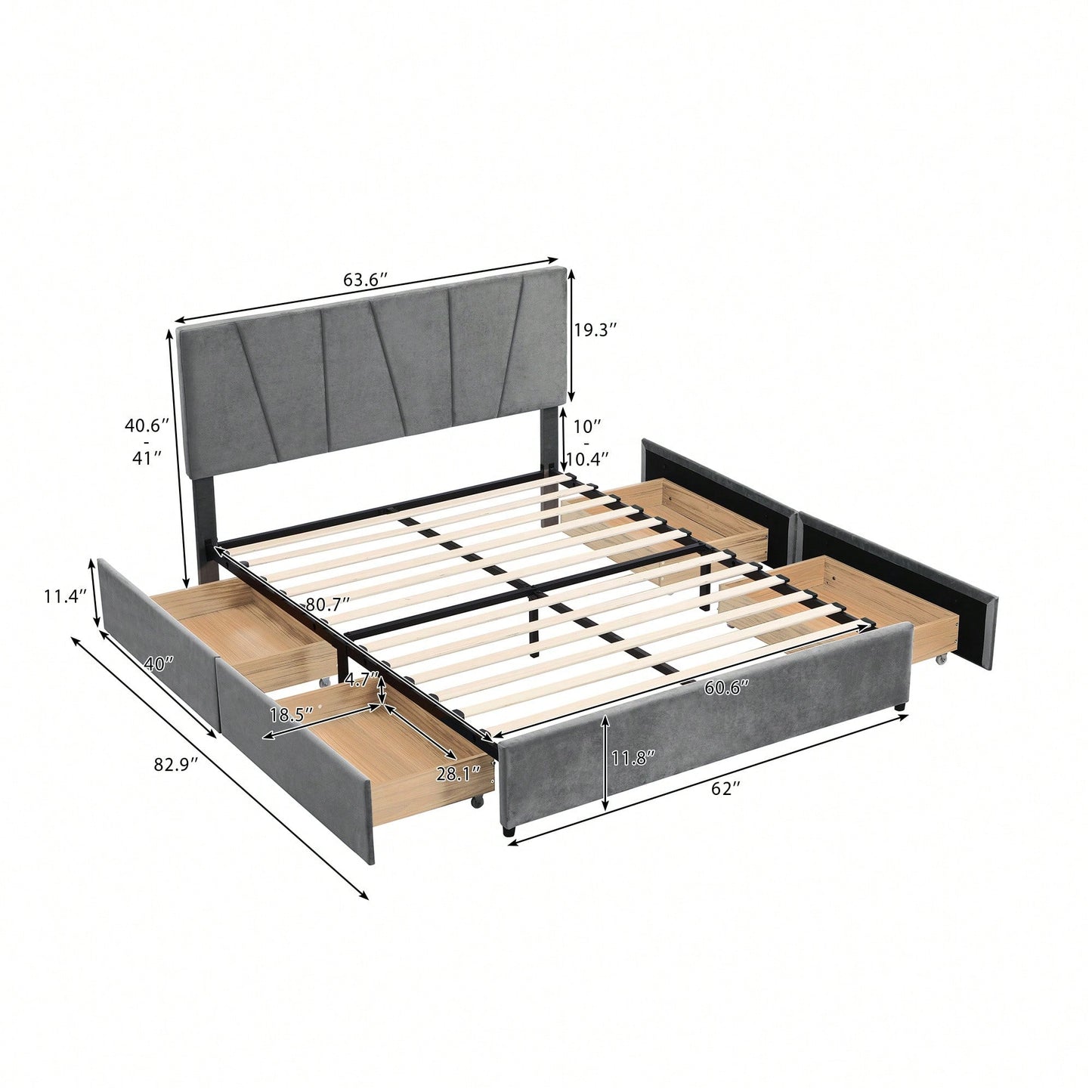 Stylish Grey Queen Size Upholstered Platform Bed With Dual Storage Drawers And Adjustable Headboard