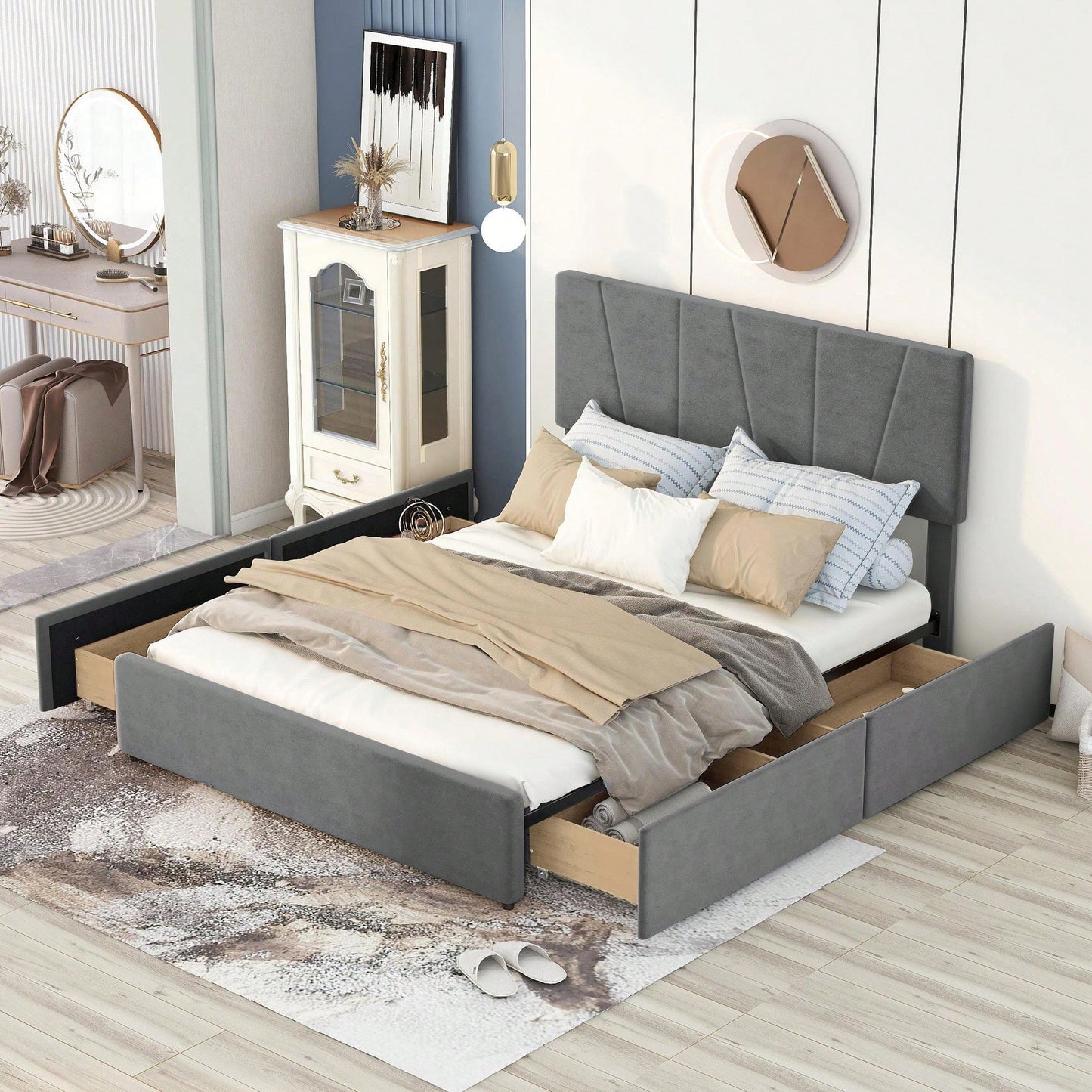 Stylish Grey Queen Size Upholstered Platform Bed With Dual Storage Drawers And Adjustable Headboard