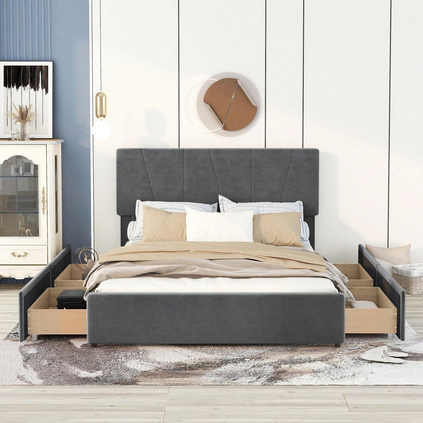 Stylish Grey Queen Size Upholstered Platform Bed With Dual Storage Drawers And Adjustable Headboard