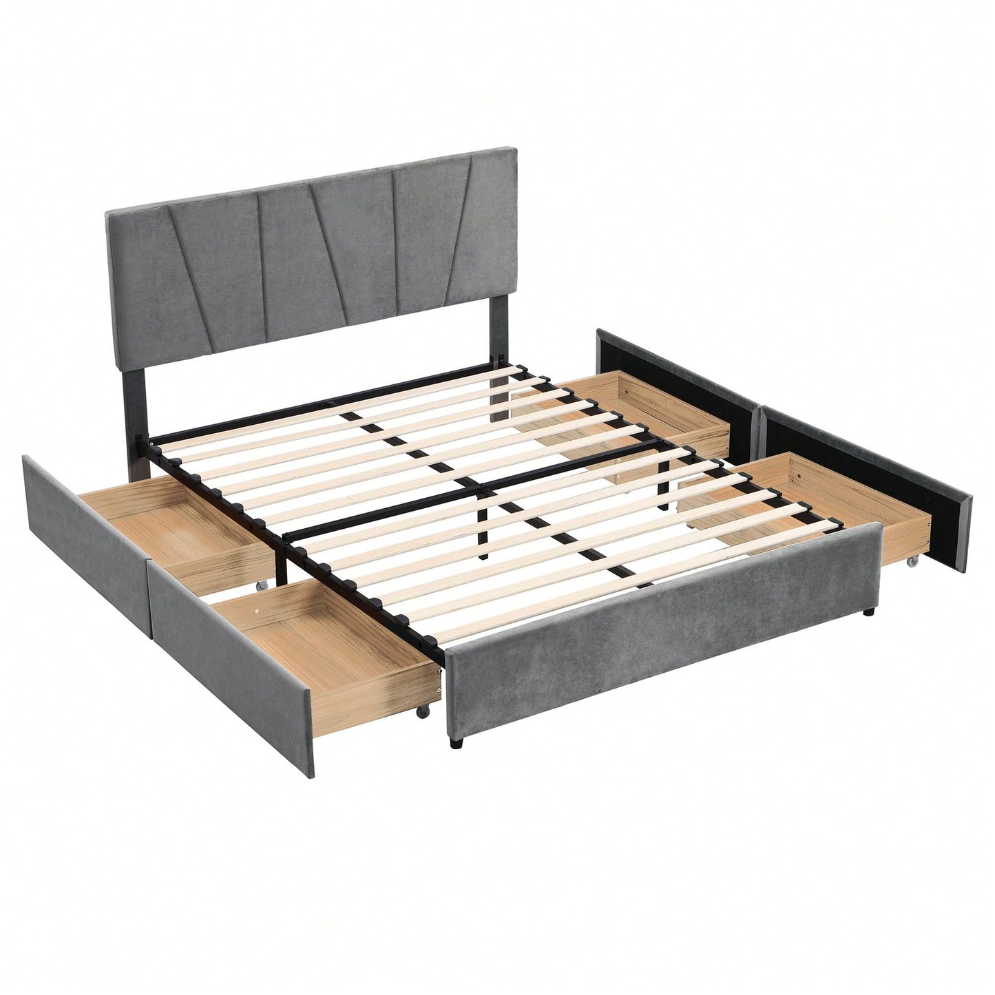 Stylish Grey Queen Size Upholstered Platform Bed With Dual Storage Drawers And Adjustable Headboard