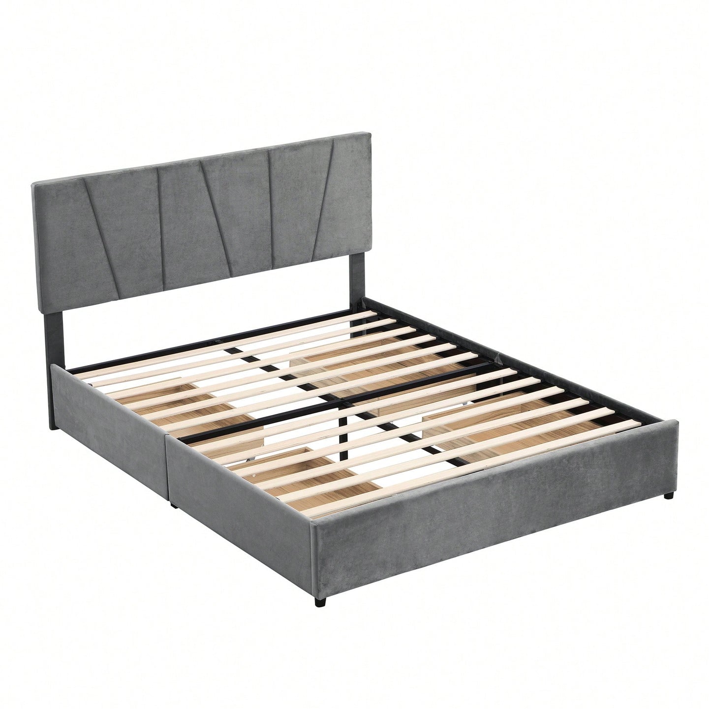 Stylish Grey Queen Size Upholstered Platform Bed With Dual Storage Drawers And Adjustable Headboard