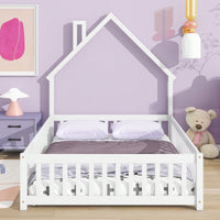 Charming White Full House-Shaped Headboard Floor Bed With Safe Fence Design