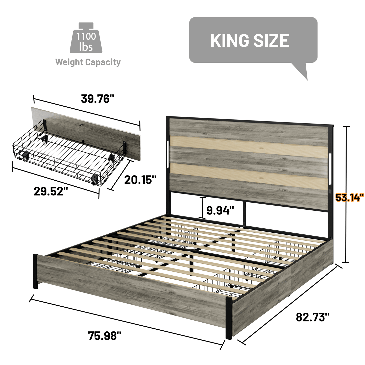 King Size Bed Frame With Headboard, LED Lights, And Charging Station - Features 4 Storage Drawers, Wood Slats For Easy Assembly, No Box Spring Required, Industrial Gray Design