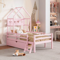 Cozy Twin Size House Platform Bed With Safety Guardrail And Storage Drawer In Pink