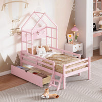 Cozy Twin Size House Platform Bed With Safety Guardrail And Storage Drawer In Pink