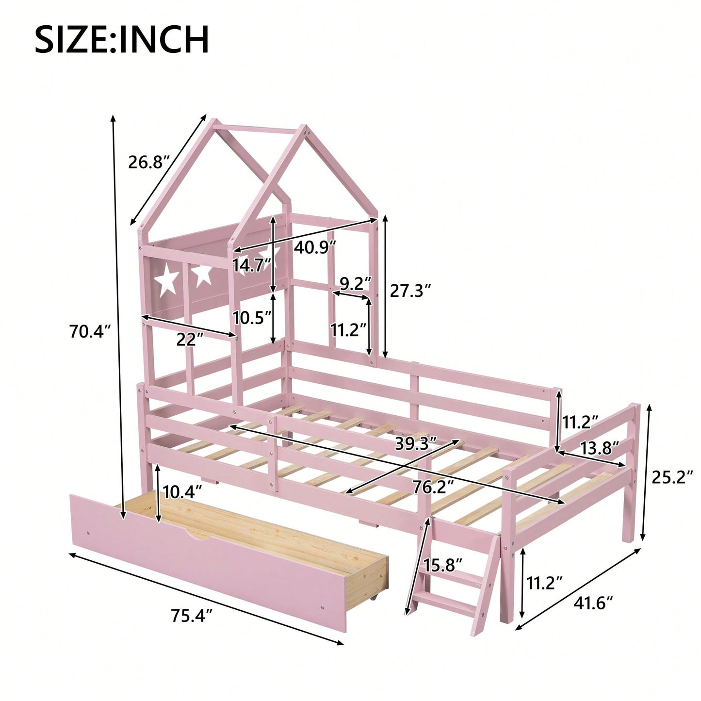 Cozy Twin Size House Platform Bed With Safety Guardrail And Storage Drawer In Pink