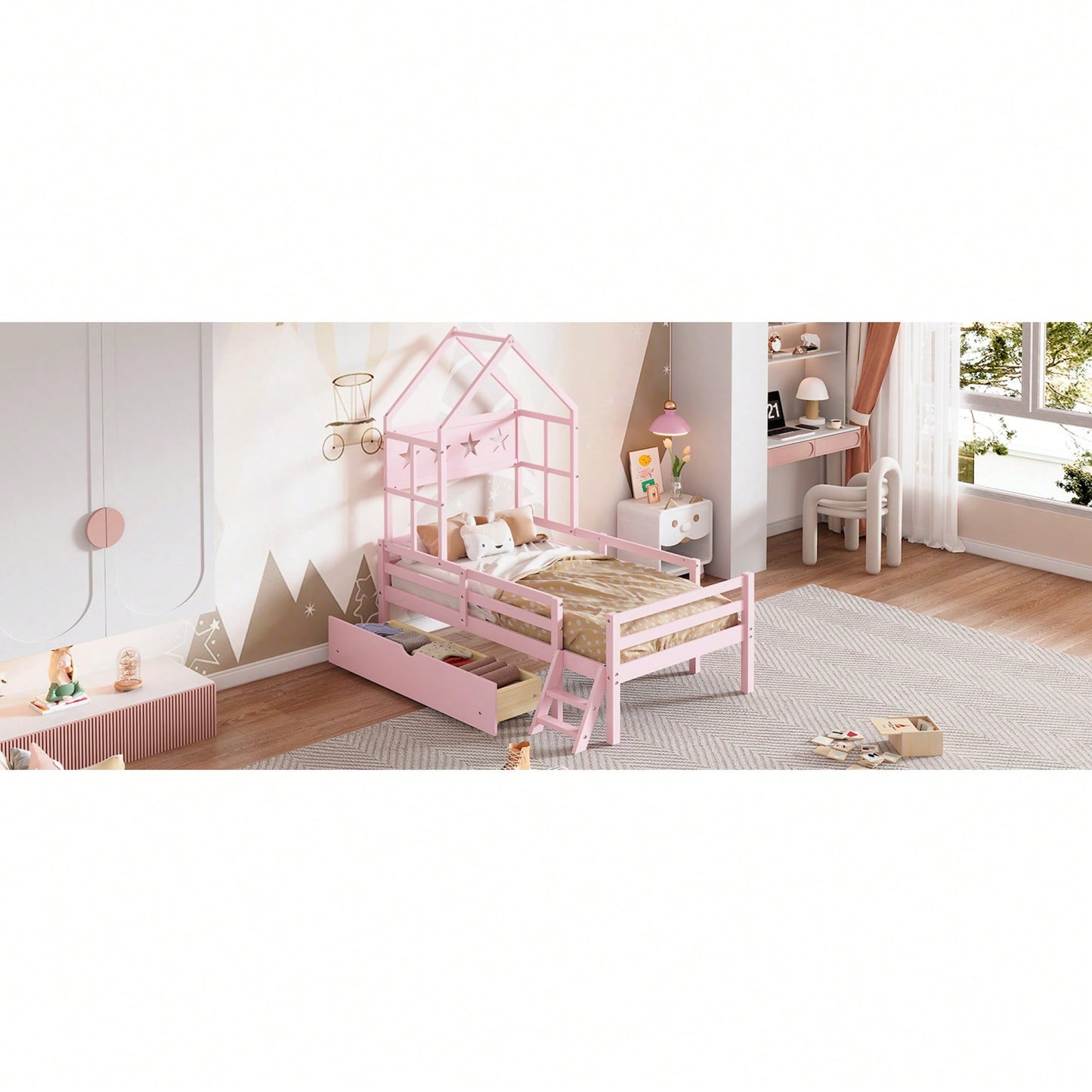 Cozy Twin Size House Platform Bed With Safety Guardrail And Storage Drawer In Pink