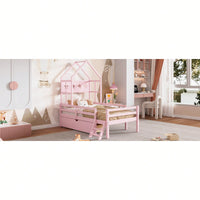 Cozy Twin Size House Platform Bed With Safety Guardrail And Storage Drawer In Pink