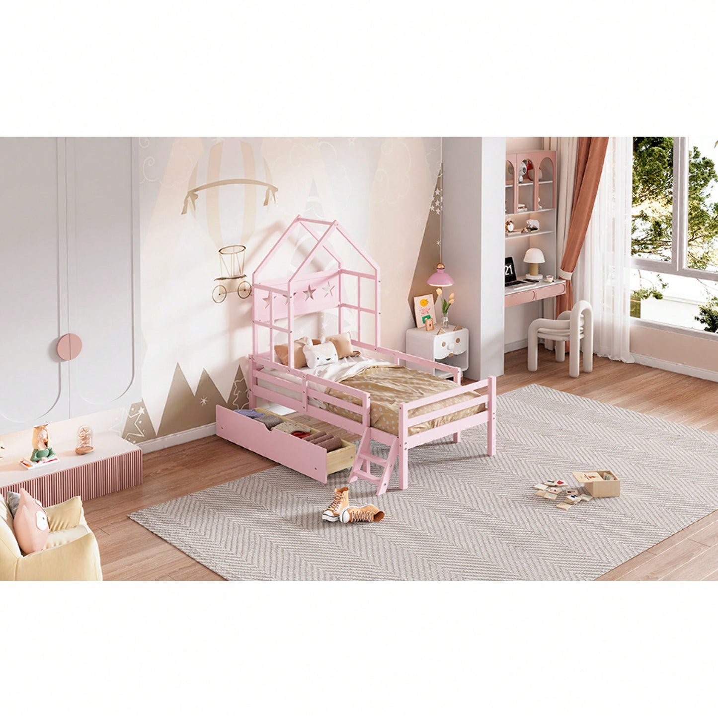 Cozy Twin Size House Platform Bed With Safety Guardrail And Storage Drawer In Pink