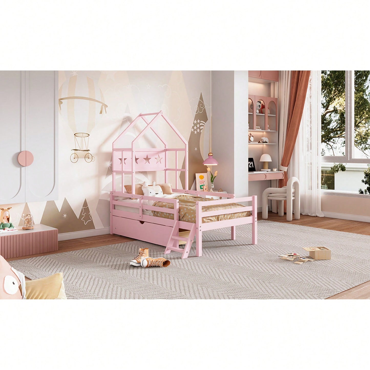 Cozy Twin Size House Platform Bed With Safety Guardrail And Storage Drawer In Pink