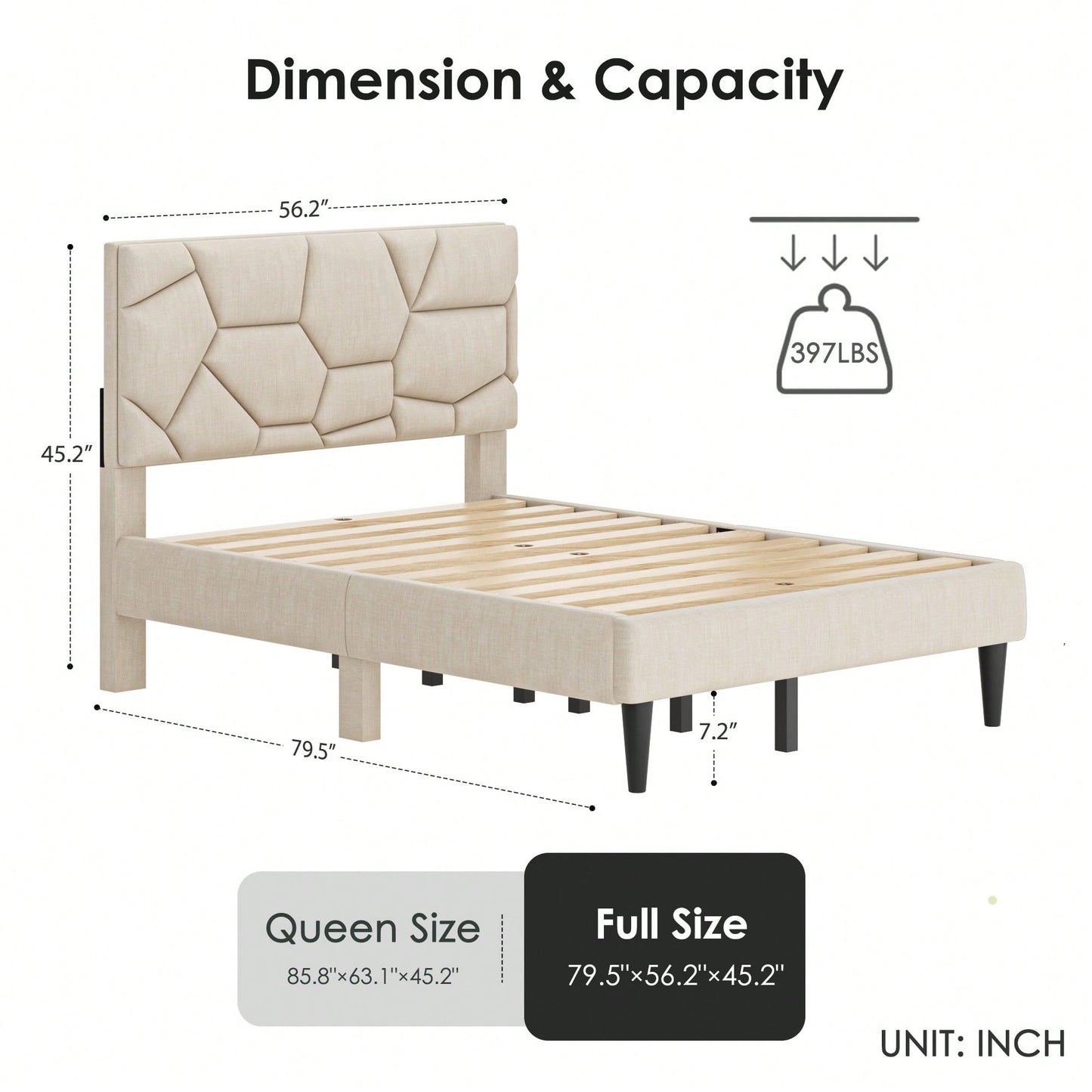 Stylish Full Size Bed Frame With Storage Headboard - Durable Metal Platform For Noise-Free Sleep, Strong Slats Support, No Box Spring Required