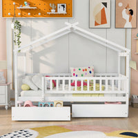 Charming Twin Size White Wooden House Bed With Dual Storage Drawers