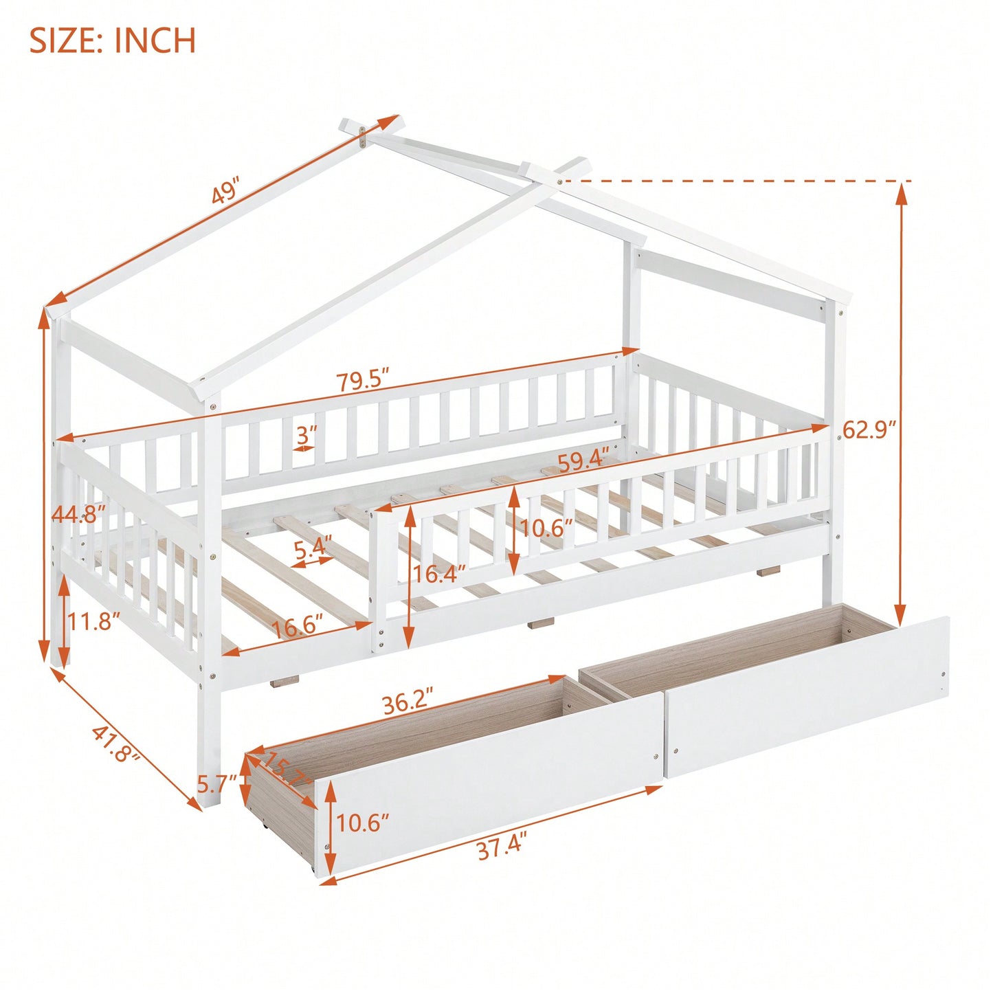 Charming Twin Size White Wooden House Bed With Dual Storage Drawers