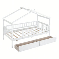 Charming Twin Size White Wooden House Bed With Dual Storage Drawers