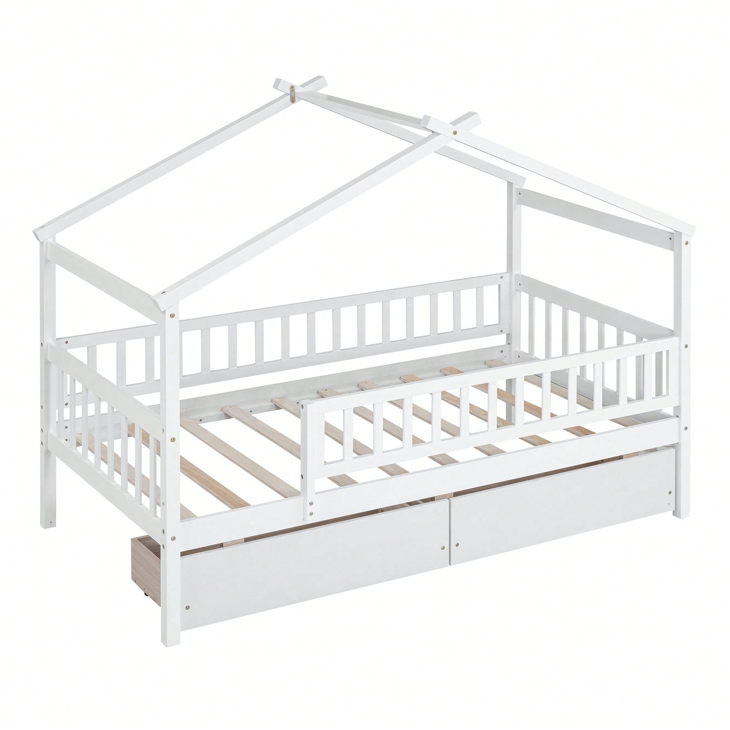 Charming Twin Size White Wooden House Bed With Dual Storage Drawers