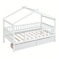 Charming Twin Size White Wooden House Bed With Dual Storage Drawers