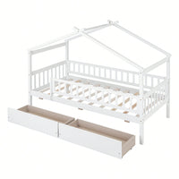 Charming Twin Size White Wooden House Bed With Dual Storage Drawers