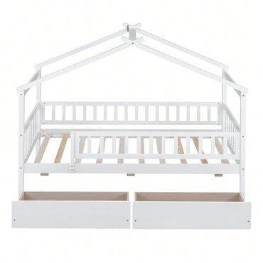 Charming Twin Size White Wooden House Bed With Dual Storage Drawers
