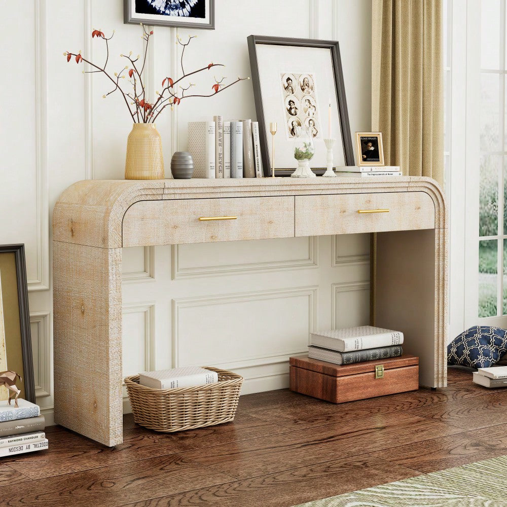 Unique Retro Console Table With Open Design And Two Top Drawers For Entryway Dining Room Living Room Natural Wood Finish