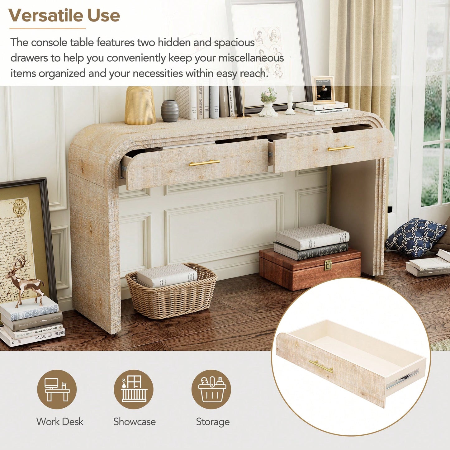 Unique Retro Console Table With Open Design And Two Top Drawers For Entryway Dining Room Living Room Natural Wood Finish