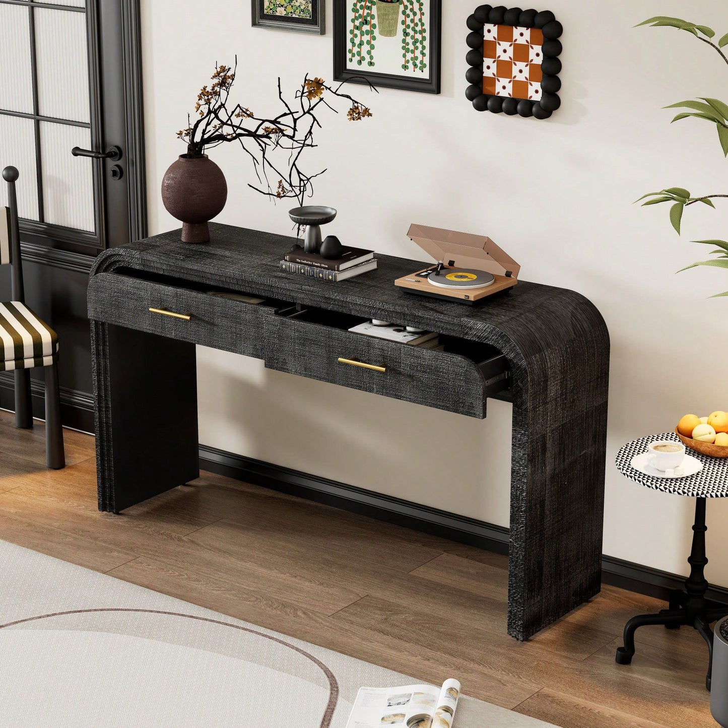 Unique Retro Console Table With Open Design And Two Top Drawers For Entryway Dining Room Living Room Natural Wood Finish