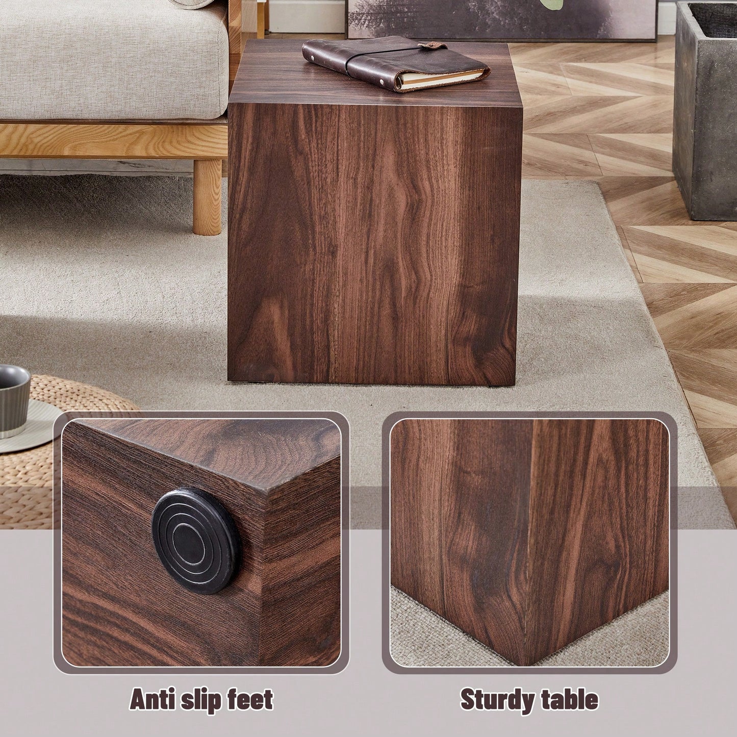 Stylish 16 Inch Walnut Wood Grain MDF Coffee Table With Cube Design Perfect For Living Room Accent