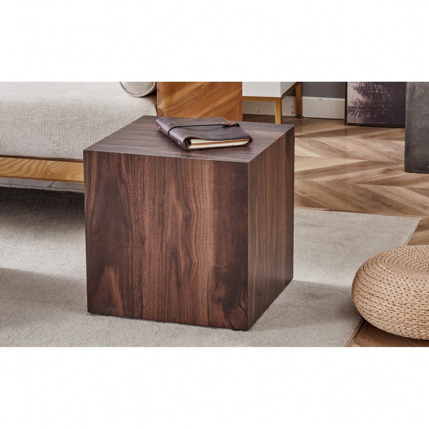 Stylish 16 Inch Walnut Wood Grain MDF Coffee Table With Cube Design Perfect For Living Room Accent