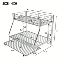 Sturdy Twin Over Full Bunk Bed With Twin Trundle And Dual Ladders In Black Finish