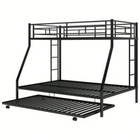 Sturdy Twin Over Full Bunk Bed With Twin Trundle And Dual Ladders In Black Finish
