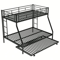 Sturdy Twin Over Full Bunk Bed With Twin Trundle And Dual Ladders In Black Finish