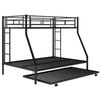 Sturdy Twin Over Full Bunk Bed With Twin Trundle And Dual Ladders In Black Finish