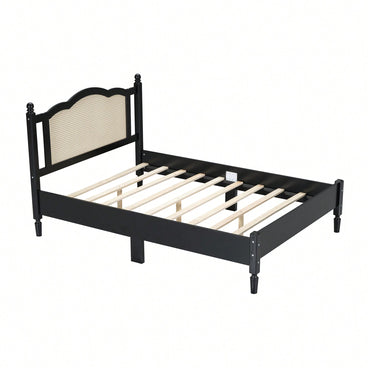 Vintage Full Size Wooden Platform Bed With Natural Rattan Headboard And Slat Support In Black