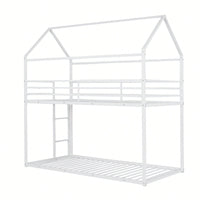 Twin Over Twin Metal Bunk Bed Frame For Kids With Built-In Ladder - No Box Spring Required - White Finish