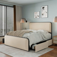Queen Size Modern Metal Bed Frame With Curved Upholstered Headboard And Footboard Heavy Duty Design With 4 Storage Drawers In Beige