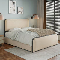Queen Size Modern Metal Bed Frame With Curved Upholstered Headboard And Footboard Heavy Duty Design With 4 Storage Drawers In Beige