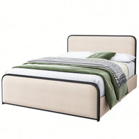 Queen Size Modern Metal Bed Frame With Curved Upholstered Headboard And Footboard Heavy Duty Design With 4 Storage Drawers In Beige