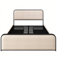 Queen Size Modern Metal Bed Frame With Curved Upholstered Headboard And Footboard Heavy Duty Design With 4 Storage Drawers In Beige
