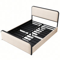 Queen Size Modern Metal Bed Frame With Curved Upholstered Headboard And Footboard Heavy Duty Design With 4 Storage Drawers In Beige