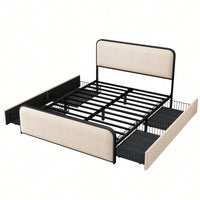 Queen Size Modern Metal Bed Frame With Curved Upholstered Headboard And Footboard Heavy Duty Design With 4 Storage Drawers In Beige