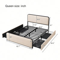 Queen Size Modern Metal Bed Frame With Curved Upholstered Headboard And Footboard Heavy Duty Design With 4 Storage Drawers In Beige