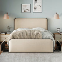 King Size Modern Metal Bed Frame With Curved Upholstered Headboard And Footboard Featuring 4 Storage Drawers And Heavy Duty Metal Slats In Beige