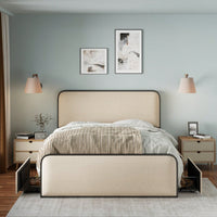 King Size Modern Metal Bed Frame With Curved Upholstered Headboard And Footboard Featuring 4 Storage Drawers And Heavy Duty Metal Slats In Beige