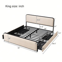 King Size Modern Metal Bed Frame With Curved Upholstered Headboard And Footboard Featuring 4 Storage Drawers And Heavy Duty Metal Slats In Beige