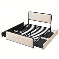 King Size Modern Metal Bed Frame With Curved Upholstered Headboard And Footboard Featuring 4 Storage Drawers And Heavy Duty Metal Slats In Beige