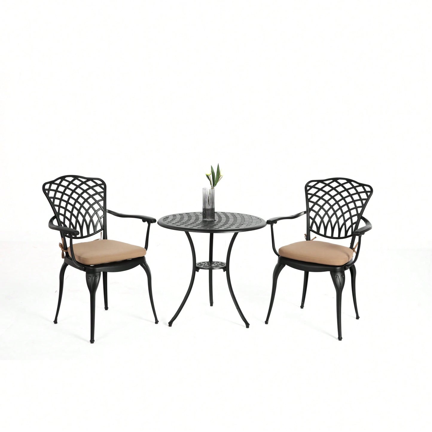 Elegant 3 Piece Outdoor Bistro Set With Cushions, Cast Aluminum Table And Chairs, All Weather Patio Furniture With Umbrella Hole, Ideal For Garden And Balcony