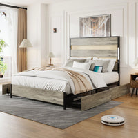 Industrial Gray Queen Bed Frame With Headboard, 4 Storage Drawers, Charging Station, LED Lights, Wood Slats, Easy Assembly, No Box Spring Needed